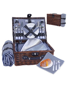 Cesta de Picnic de Mimbre Neti Neti para 4 Personas con Enfriador y Manta Impermeable