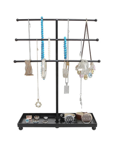 Organizador de Joyería MyGift, Metal Negro 3 Niveles con Bandeja