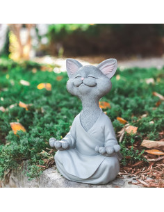 Estatua de Jardín Buda Gato Gris Meditando 30.48 cm - Resina 2