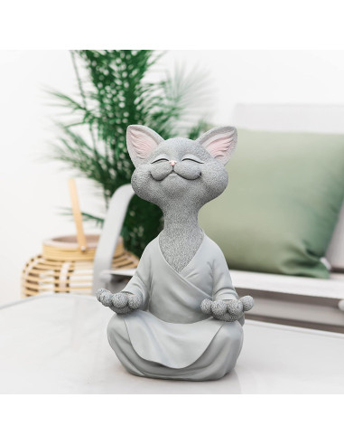 Estatua de Jardín Buda Gato Gris Meditando 30.48 cm - Resina