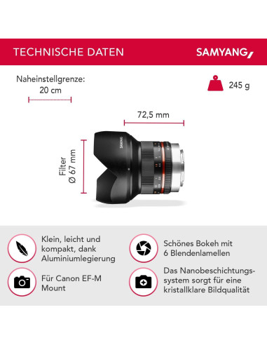 Lente Samyang 12mm F2.0 Manual para Canon M - Negro