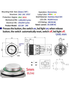 Interruptor Momentáneo 22mm ZJWZJH Acero Inoxidable 12V Rojo 2