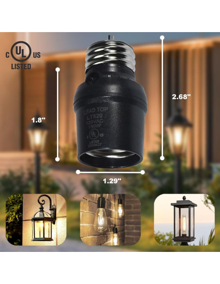 Adaptador de Enchufe con Sensor de Luz HQRP E26 E27 Negro 2 Pzas