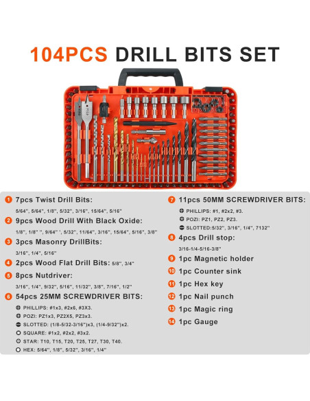 Juego de Brocas COMOWARE 104 Piezas Titanio y Destornilladores