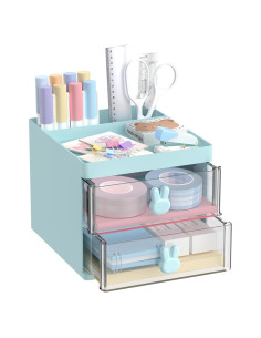 Organizador de Escritorio DRQ Azul con 2 Cajones y 3 Compartimentos