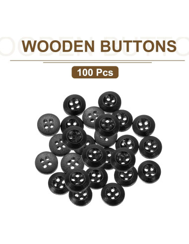 100 Botones de Madera 10mm uxcell 4 Agujeros Negro para Costura