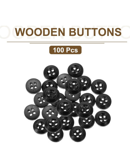 100 Botones de Madera 10mm uxcell 4 Agujeros Negro para Costura