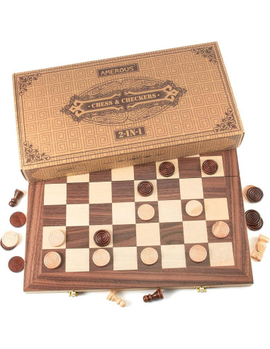 Juego de Ajedrez y Damas de Madera AMEROUS 2 en 1 39.6 cm