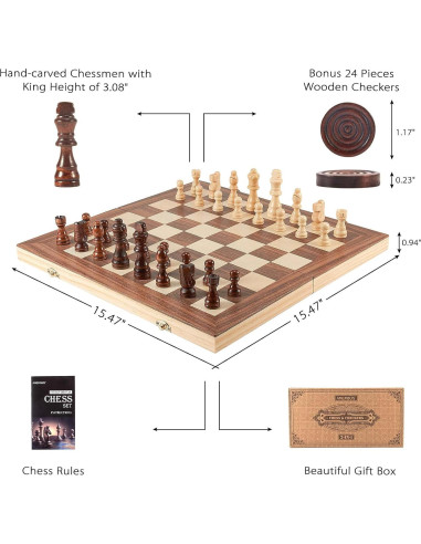 Juego de Ajedrez y Damas de Madera AMEROUS 2 en 1 39.6 cm