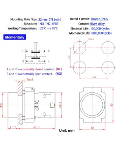 Interruptor de Botón Momentáneo KNDELE 22mm Azul IP65 10A 2