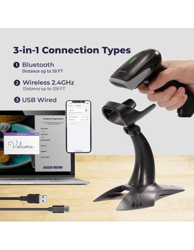 Escáner de Código de Barras Inalámbrico Volcora Negro 1D/2D