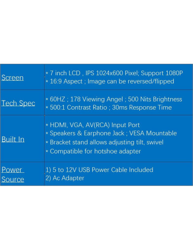 Monitor LONCEVON 7" HDMI VGA 1080P con altavoces