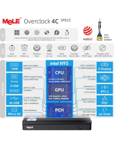 Mini PC MeLE Overclock 4C N95 16GB 512GB 4K Triple Pantalla