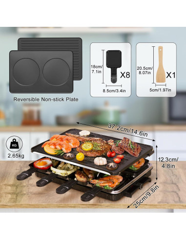 Parrilla Raclette Eléctrica TONZE 1300W 2 en 1 con 8 Sartenes