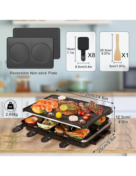 Parrilla Raclette Eléctrica TONZE 1300W 2 en 1 con 8 Sartenes