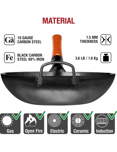 Wok YOSUKATA de Acero al Carbono 34 cm para Saltear