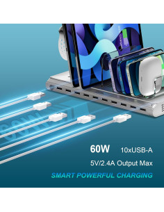 Estación de Carga USB 10 Puertos Unitek 60W Plata 2