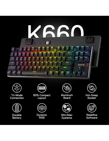 Teclado Gaming Inalámbrico Redragon K660RGB-PRO TKL 87 Teclas