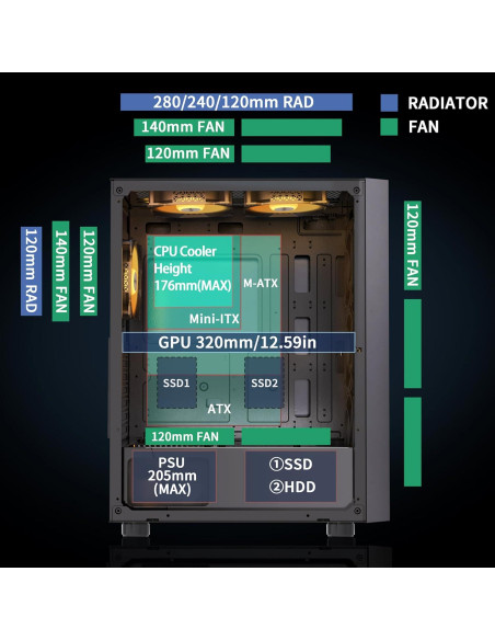 Caja de PC MUSETEX G07 ATX con 6 Ventiladores ARGB