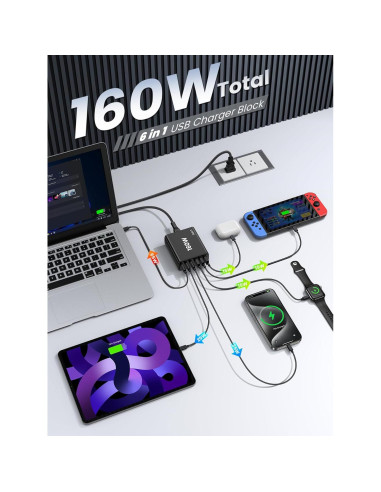 Cargador Rápido USB C 6 Puertos 160W - Estación de Carga