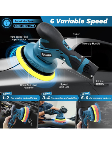 Pulidor Inalámbrico Saker SK1202D 12V 2000mAh 6" Accesorios