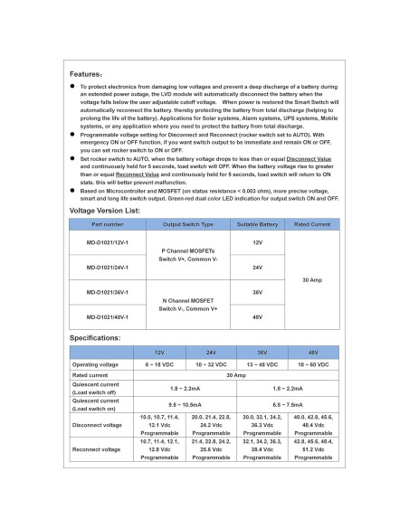Módulo LVD 36V 30A Automático Interruptor Electrónico
