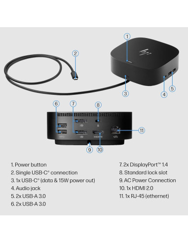 Adaptador Dock USB-C HP G5 11-en-1 para Laptops y PCs