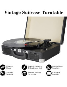 Reproductor de Vinilo Kedok Maleta Portátil 3 Velocidades Negro 2