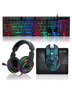 Combo Gamer Teclado LED Arcoíris CHONCHOW + Ratón + Auriculares + Alfombrilla