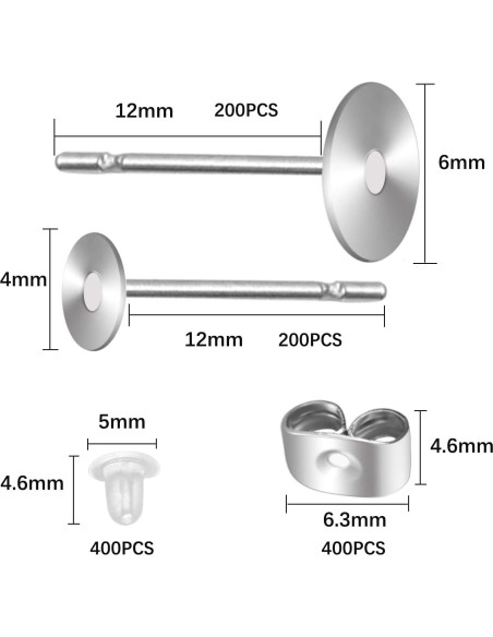 1200 Puntos y Respaldos de Aretes AROIC - Acero Inoxidable Hipoalergénico