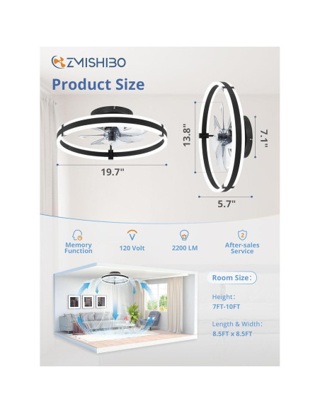 Ventilador de Techo ZMISHIBO con Luz LED y Control Remoto 50cm