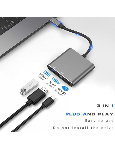 Adaptador USB-C a HDMI 4K Mindorlen con carga rápida