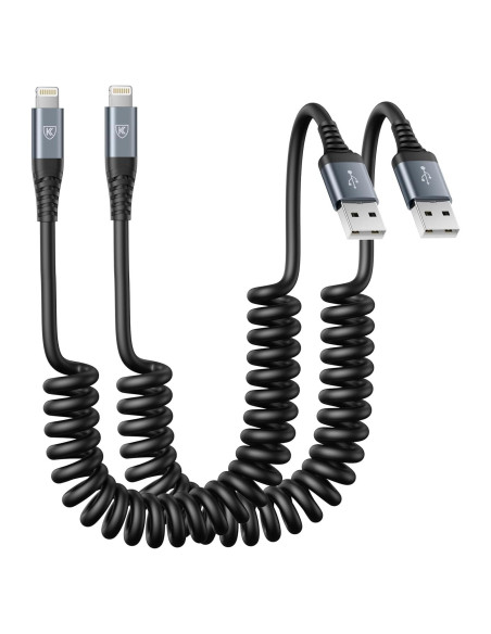 Cable de Carga Enrollado KIYODA 3FT Negro MFi para iPhone