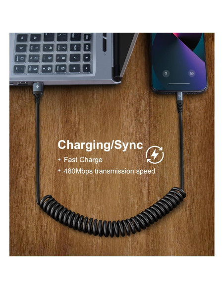 Cable de Carga Enrollado KIYODA 3FT Negro MFi para iPhone