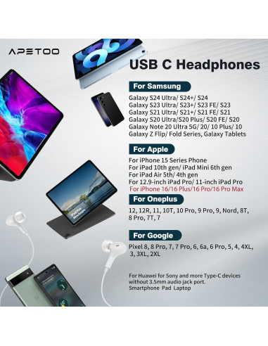 Auriculares USB C Magnéticos APETOO con Aislamiento de Ruido