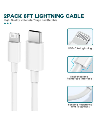 Cargador Rápido DelTucci USB C a Lightning 6FT 2 Pack