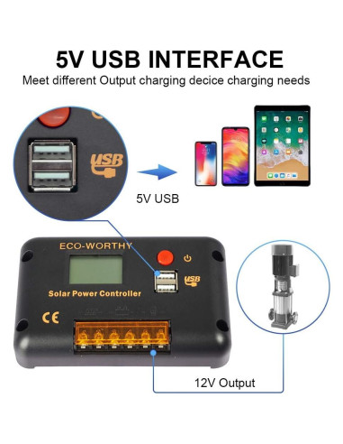 Controlador de Carga Solar ECO-WORTHY 30A 12/24V USB