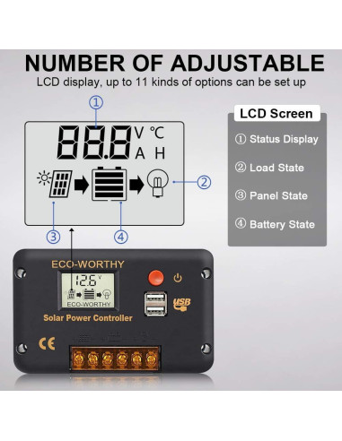Controlador de Carga Solar ECO-WORTHY 30A 12/24V USB