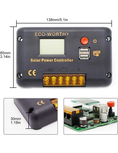Controlador de Carga Solar ECO-WORTHY 30A 12/24V USB