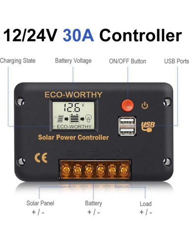 Controlador de Carga Solar ECO-WORTHY 30A 12/24V USB