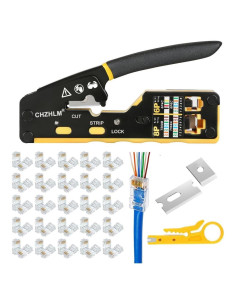 Crimpador RJ45 Pasante CHZHLM con 50 Conectores Cat6 y Destripador