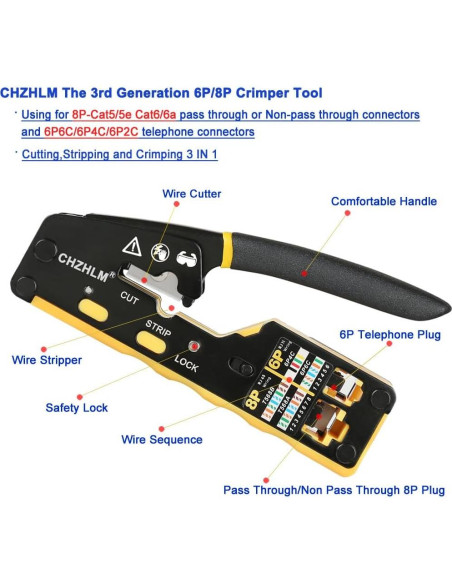 Crimpador RJ45 Pasante CHZHLM con 50 Conectores Cat6 y Destripador