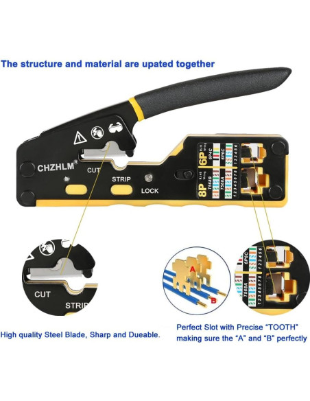 Crimpador RJ45 Pasante CHZHLM con 50 Conectores Cat6 y Destripador