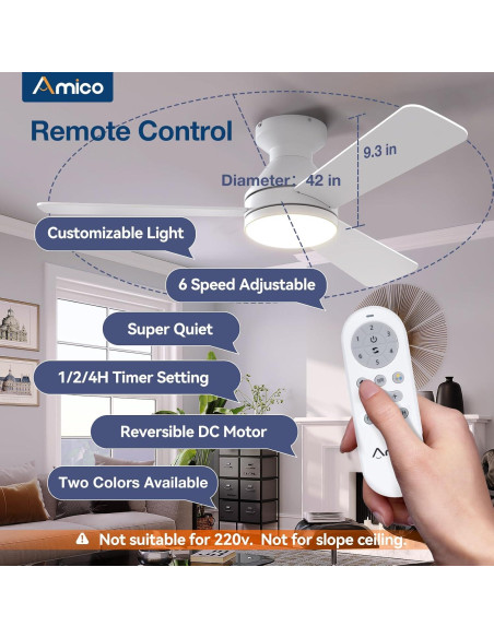 Ventilador de Techo Amico 42" Blanco con Luz y Control Remoto