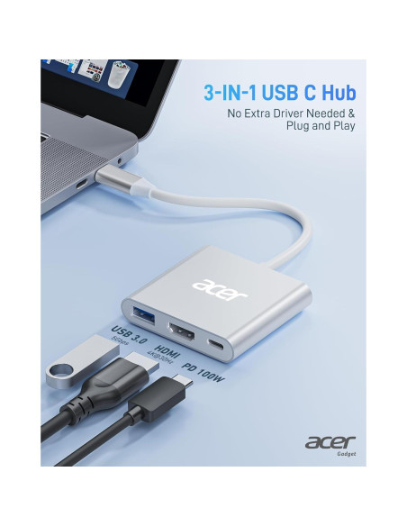 Adaptador USB C a HDMI Acer 4K 100W PD Plata