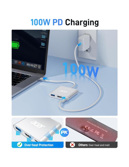 Adaptador USB C a HDMI Acer 4K 100W PD Plata