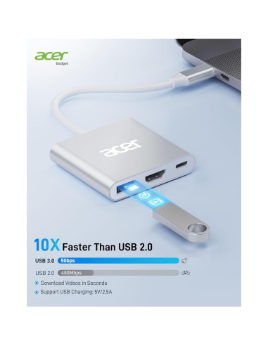 Adaptador USB C a HDMI Acer 4K 100W PD Plata