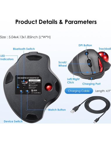 SANWA Ratón Trackball Bluetooth Ergonómico 600-1600 DPI