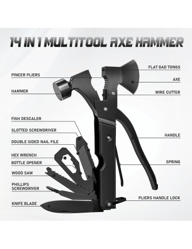 Hacha Multitool 15 en 1 FFIPBGE Negra para Camping