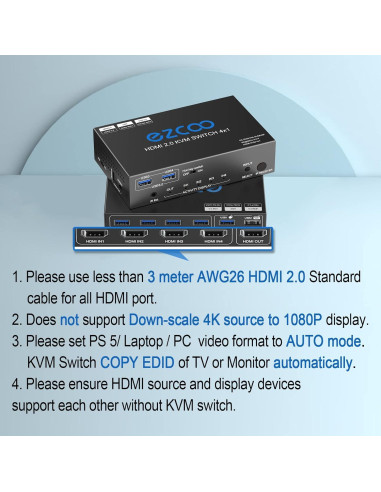 Interruptor KVM HDMI 4x1 EZCOOTECH 4 Puertos USB 3.0 4K 60Hz